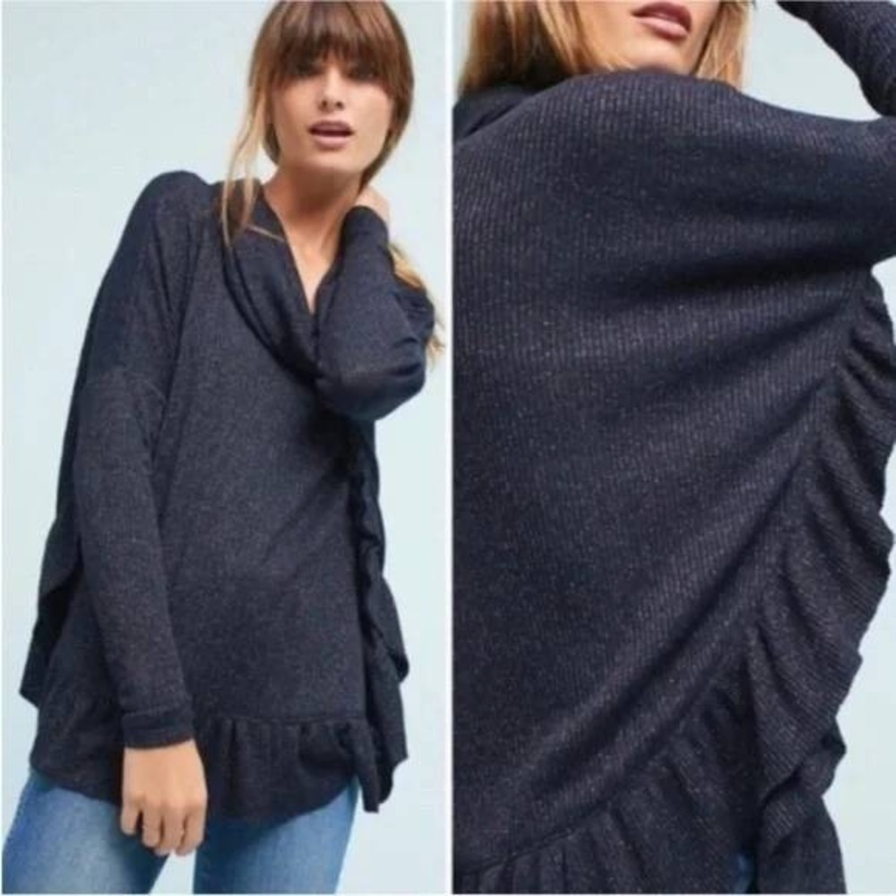 Anthropologie Postmark Poncho Sweater M/L Navy Blue Shimmer Ruffle Cowl Neck